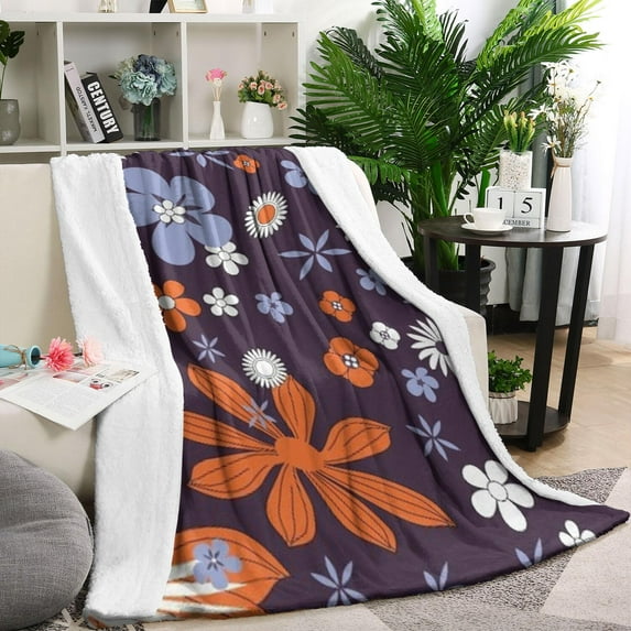 Darkpurple Daisy Flower Orange Petals Pattern Blanket,Comfortable Soft Flannel Throw Blanket,All Season,Warm Lightweight Blankets for Sofa Bed Couch Living Room Chair,60"x80"