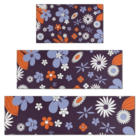Darkpurple Daisy Flower Orange Petals Pattern Kitchen Rugs Sets Of 3,Kitchen Runner Rugs Non Skid Washable,Decorative Kitchen Floor Mats for Kitchen,Sink,Laundry,17"x30"+ 17"x47" + 17"x59"