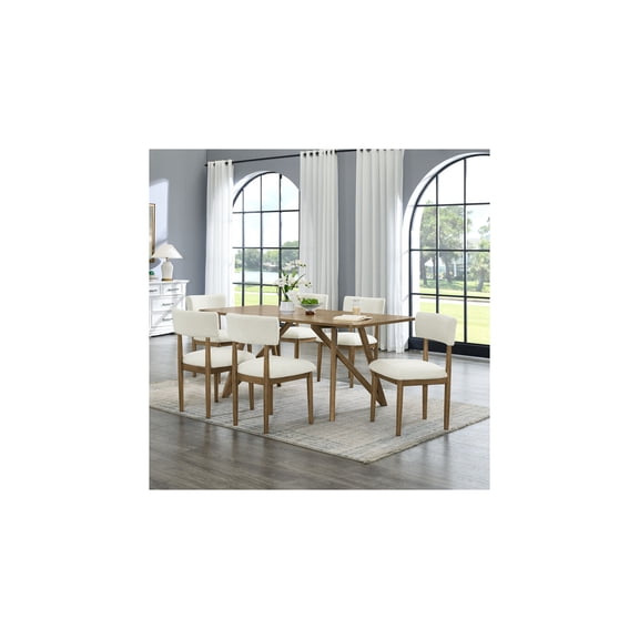 Darla 7Pc 70"W Rectangular Walnut Oak Wood Geometric Cross Base Dining Set
