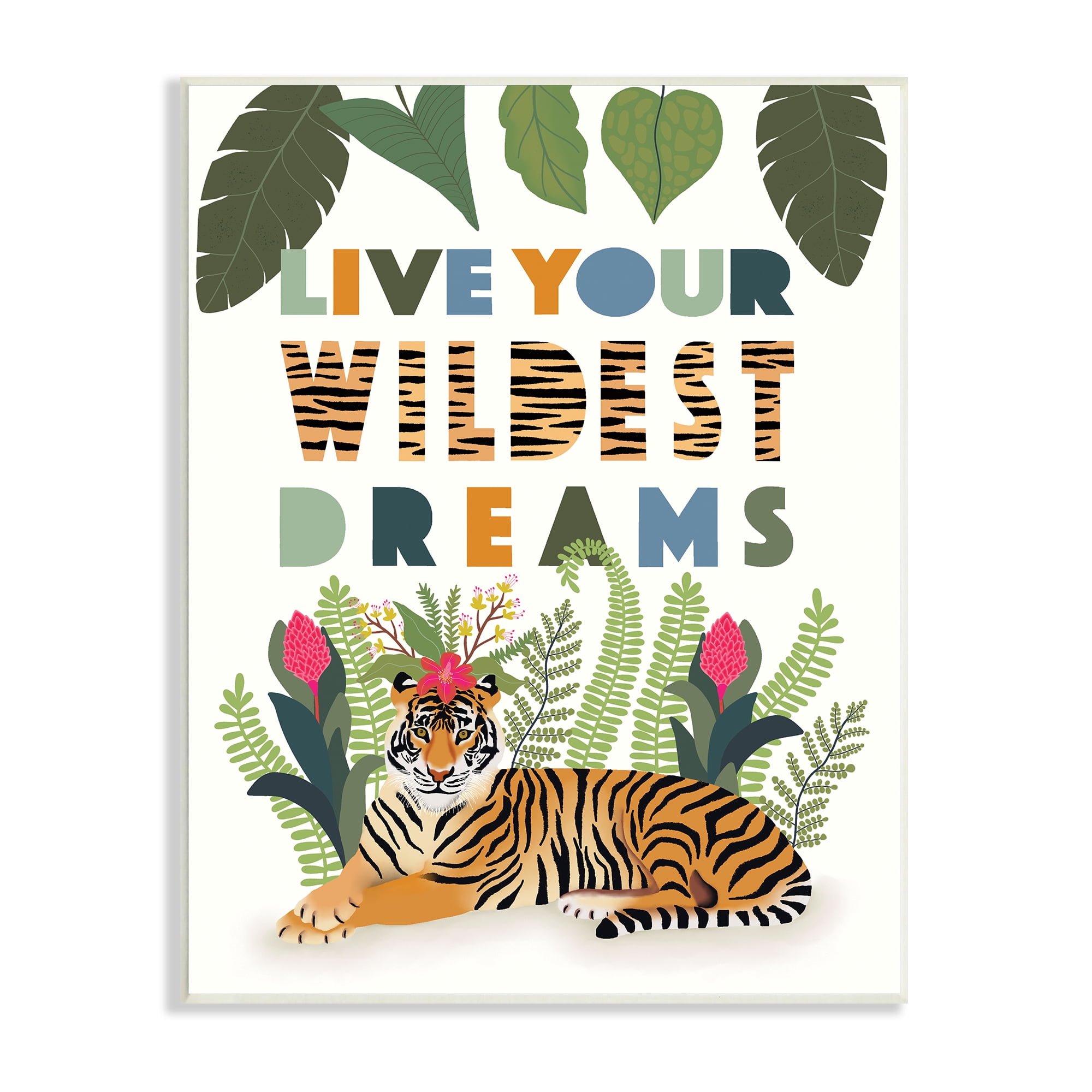 Darlene Seale Live Your Wildest Dreams Sentiment Tropical Tiger Forest 10 in x 15 in Framed Painting Art Prints, by Stupell Home Décor