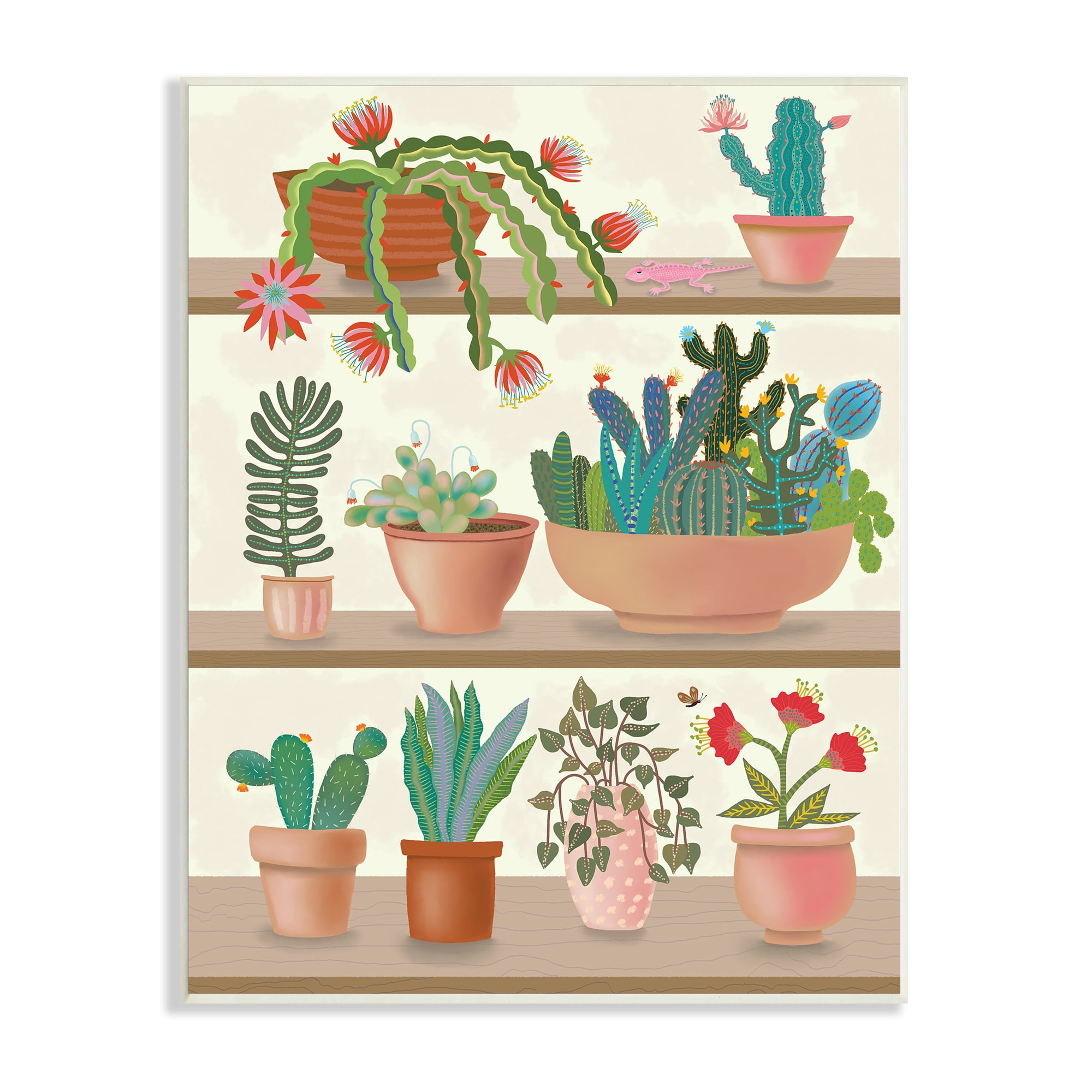 Darlene Seale Modern Chic Succulent Shelve Illustration Fun Cacti 13 in x 19 in Framed Painting Canvas Art Print, by Stupell Home Décor