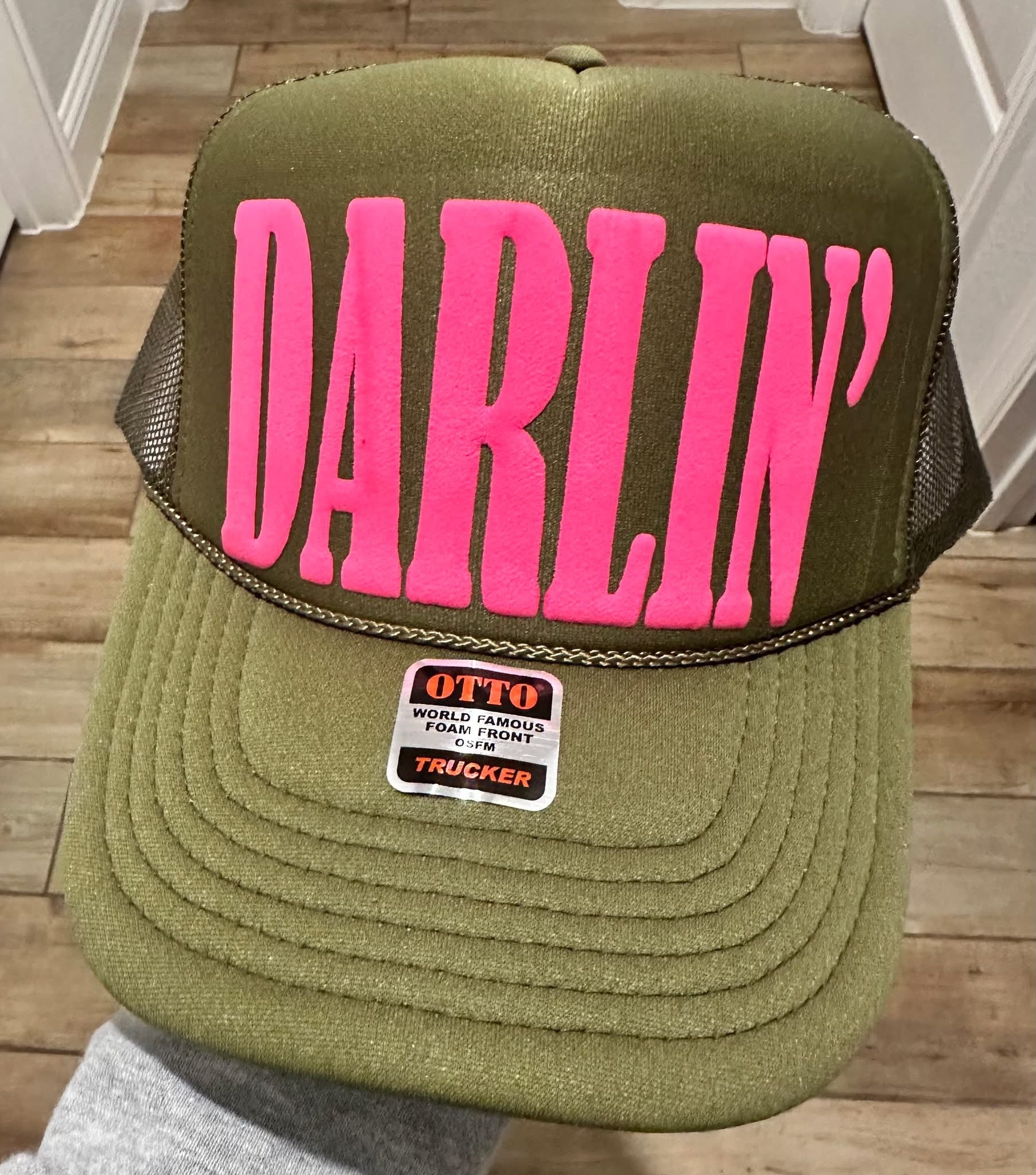Southern Attitude Designs- Darlin' Neon Pink Puff Olive Unisex Foam Trucker Hat