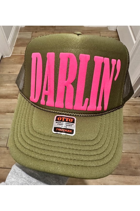 Designs- Darlin' Neon Pink Puff Olive Unisex Foam Trucker Hat