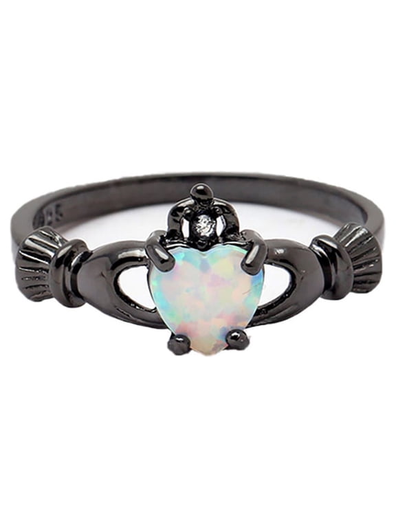 Black Plated Claddagh Ring for Women Crown Heart White Simulated Opal Statement Ring Size 8 by Ginger Lyne