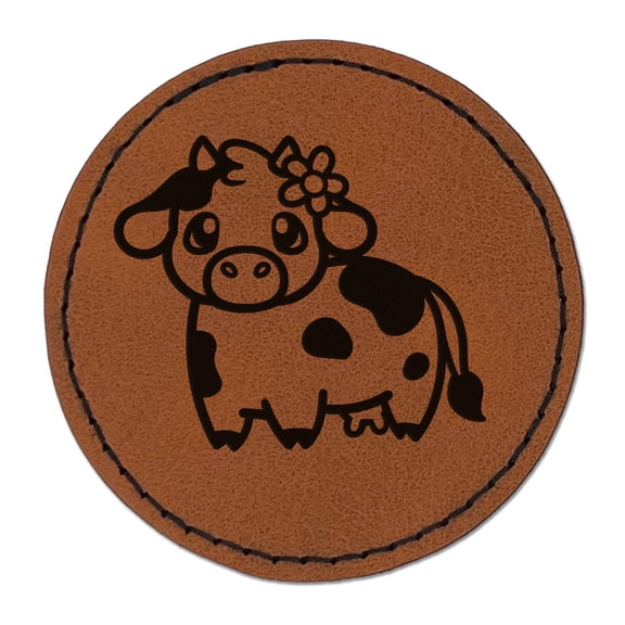 Darling Cow with Flower 2.5" Faux Leather Round Engraved Iron-On Patch - Brown