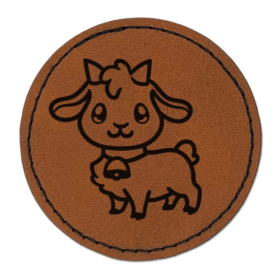 Darling Goat Farm Animal 2.5" Faux Leather Round Engraved Iron-On Patch - Brown