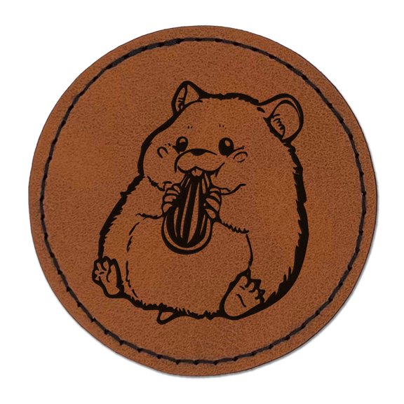 Darling Hamster Rodent Enjoying Sunflower Seed 2.5" Faux Leather Round Engraved Iron-On Patch - Brown
