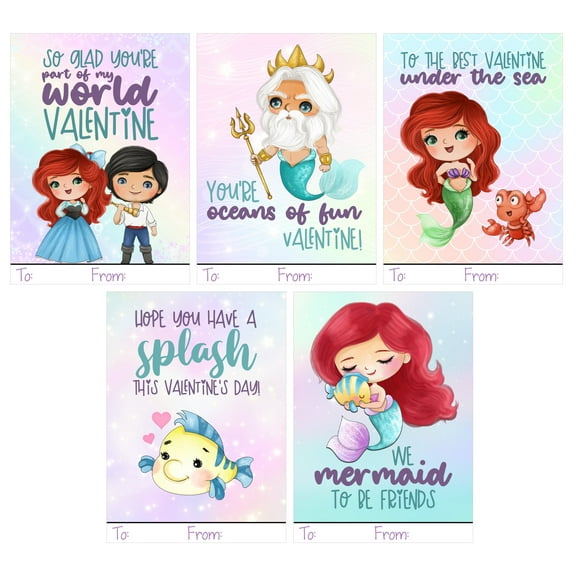 Darling Little Mermaid Themed Valentines Day Card for Kids School Classroom Exchange (Set of 25)