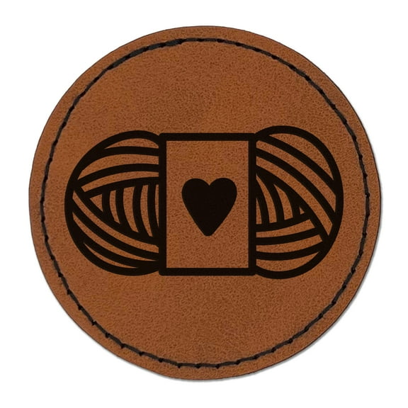 Darling Skein of Yarn Crocheting Knitting Yarn Crafts 2.5" Faux Leather Round Engraved Iron-On Patch - Brown