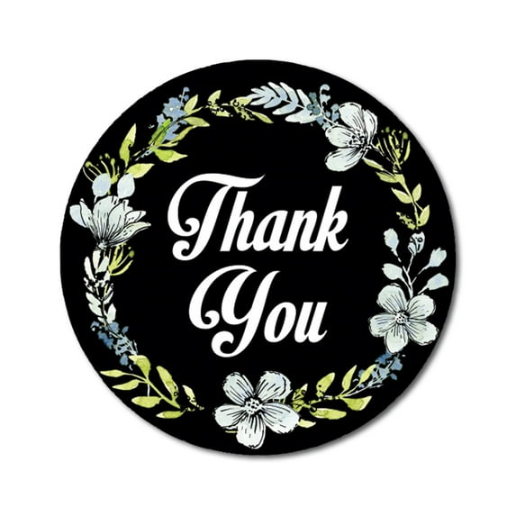 Darling Souvenir 1.6 Inches Round Daffodil Wreath Elegent Personalized Black Thank You Stickers-45 Pcs