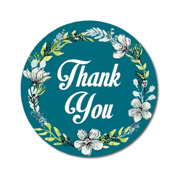 Darling Souvenir 1.6 Inches Round Daffodil Wreath Elegent Personalized Teal Blue Thank You Stickers-45 Pcs