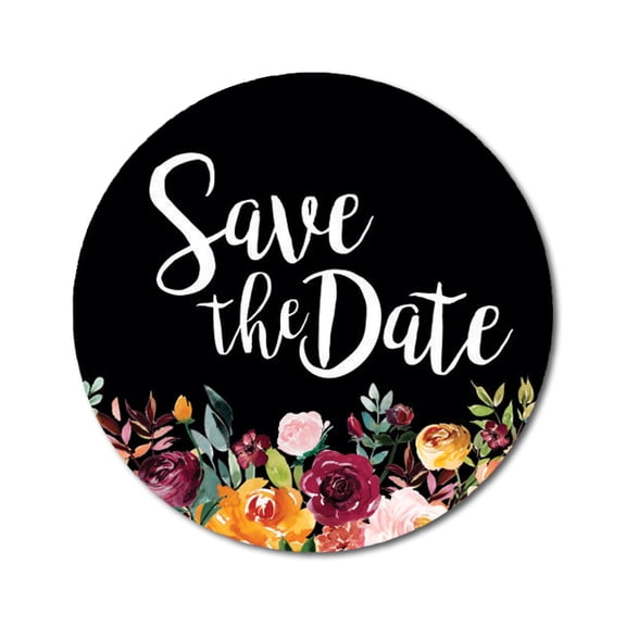 Darling Souvenir 1.6 Inches Round Non Custom Botanical Floral Border Black Save The Date Stickers-45 Pcs