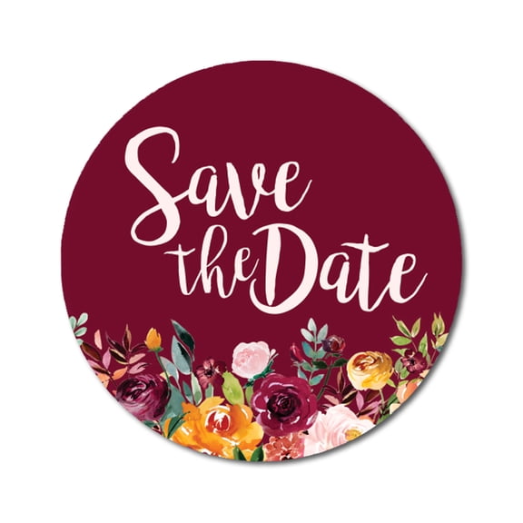 Darling Souvenir 1.6 Inches Round Non Custom Botanical Floral Border Burgundy Save The Date Stickers-45 Pcs