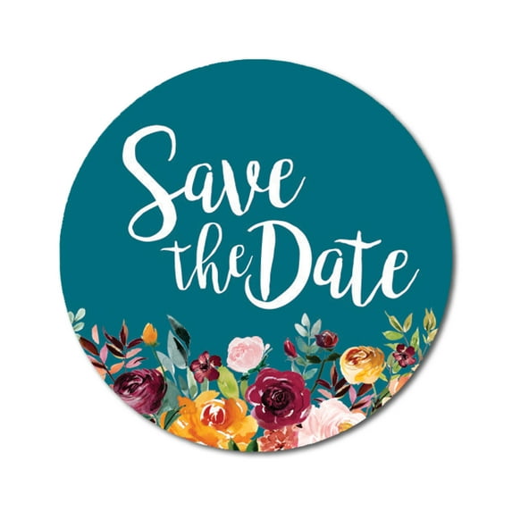 Darling Souvenir 1.6 Inches Round Non Custom Botanical Floral Border Teal Blue Save The Date Stickers-45 Pcs