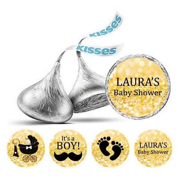 Darling Souvenir 190 Pcs Baby Boy Shower Custom Stickers chocolate DIY Candy Favor-Glitter Gold & Black