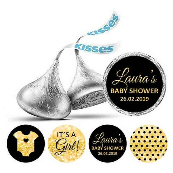 Darling Souvenir 190 Pcs Its A Girl Theme Custom Stickers for chocolate Candy Labels-Black & Glitter Gold