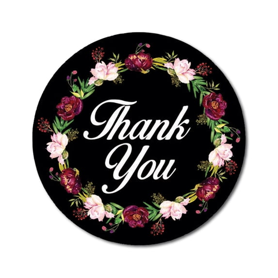 Darling Souvenir 45 Pcs Floral Wreath Round Thank You Black Stickers Envelope Seals-1.6 Inches