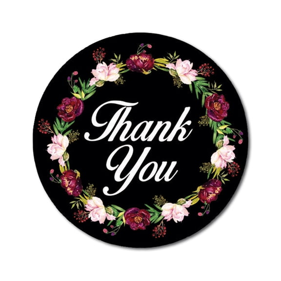 Darling Souvenir 45 Pcs Floral Wreath Round Thank You Black Stickers Envelope Seals-1.6 Inches