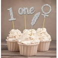 thumbnail image 1 of Darling Souvenir, Baby Girl First Birthday Cupcake Toppers, Glitter Gold Feather Cake Decorations - Pack Of 20 (4 Designs), 1 of 1