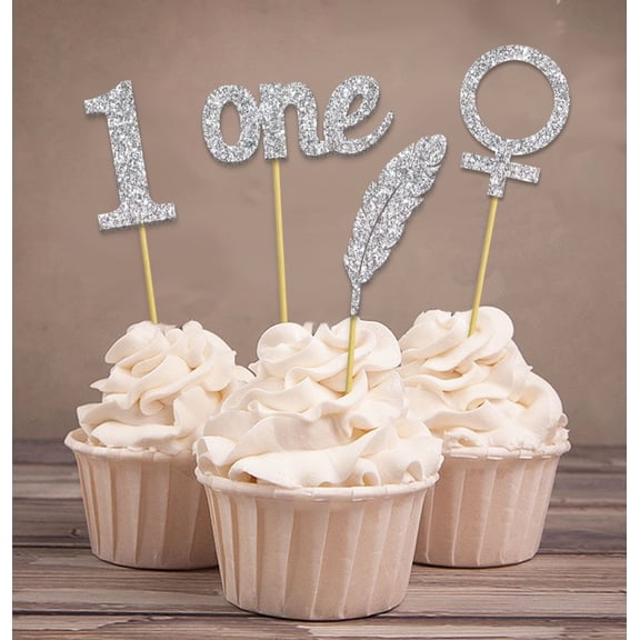 Darling Souvenir, Baby Girl First Birthday Cupcake Toppers, Glitter Gold Feather Cake Decorations - Pack Of 20 (4 Designs)