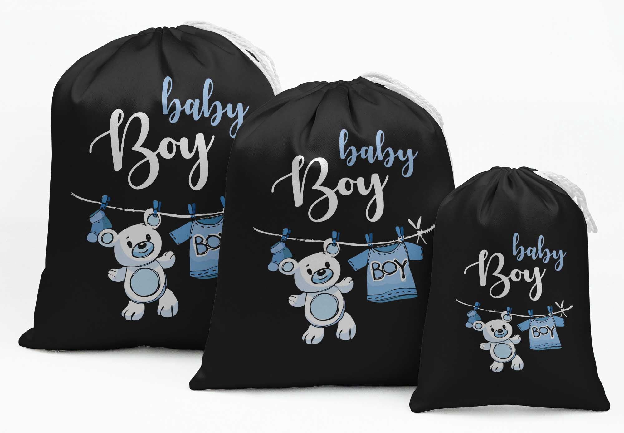 Darling Souvenir Black Hanging Teddy & Boy Baby Shower Party Supplies Favor Bags&nbsp;Drawstring Pouches&nbsp;15 Pieces