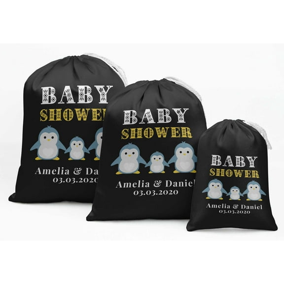 Darling Souvenir Black Penguin Baby Shower Custom Party Supplies Favor Bags&nbsp;Drawstring Pouches&nbsp;15 Pieces