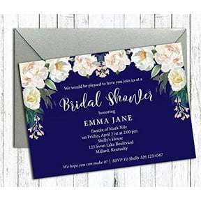 Darling Souvenir Blue Floral Custom Printed Bridal Shower Invitations, Set of 10 Personalized Invites With Envelopes 5 x 7