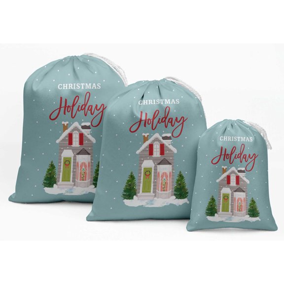 Darling Souvenir Blue House & Tree Christmas Party Supplies Favor Bags Drawstring Pouches 15 Pieces
