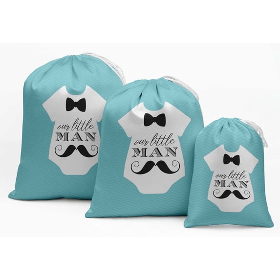 Darling Souvenir Blue Moustache & Our Little Man Birthday Custom Party Supplies Favor Bags Drawstring Pouches 15 Pieces