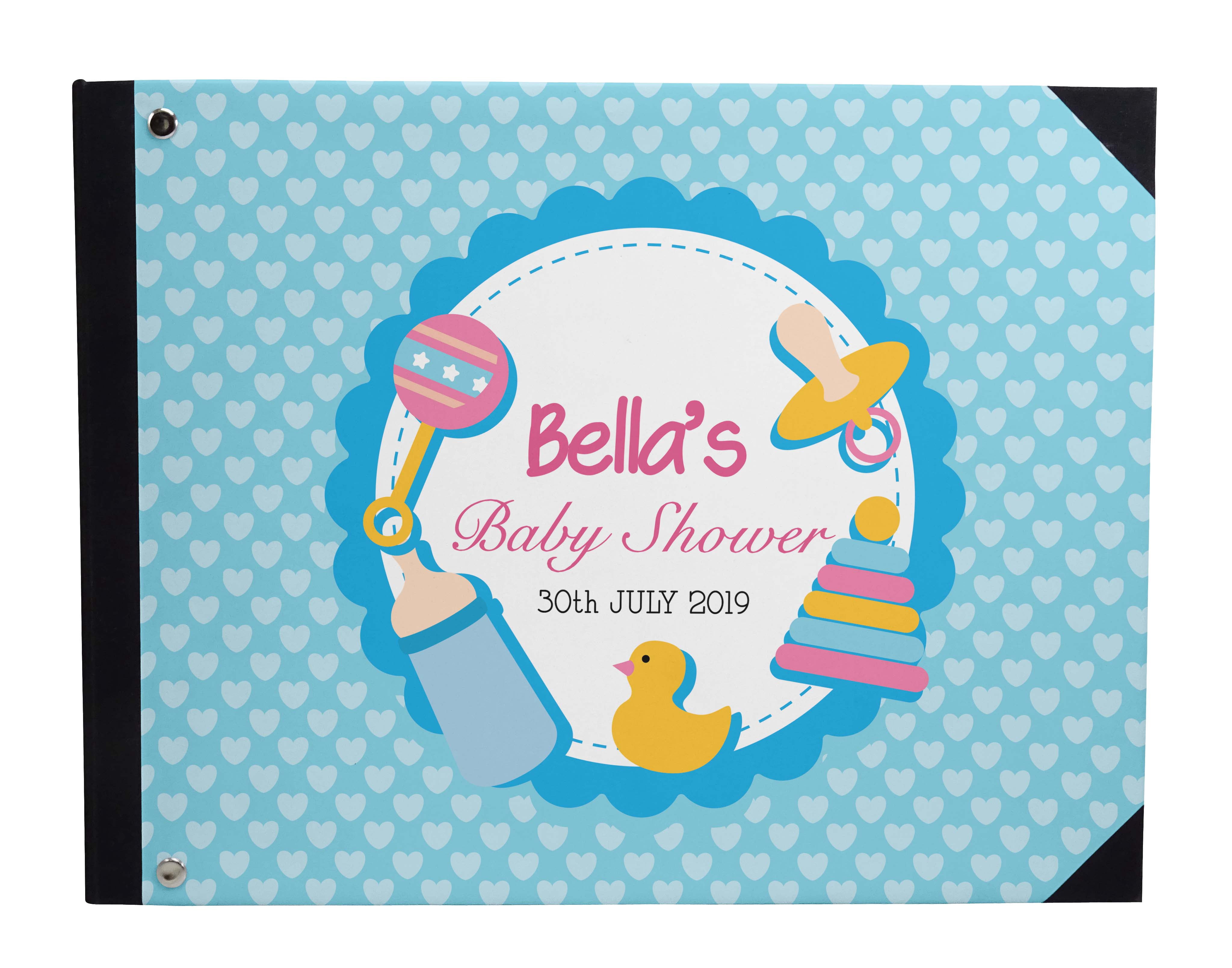 Darling Souvenir Blue Seamless Heart & Baby Objects Hardbound Cover Personalized Printed Baby Shower&nbsp;Guestbook&nbsp;Scrap&nbsp;book-9 x 12 Inches