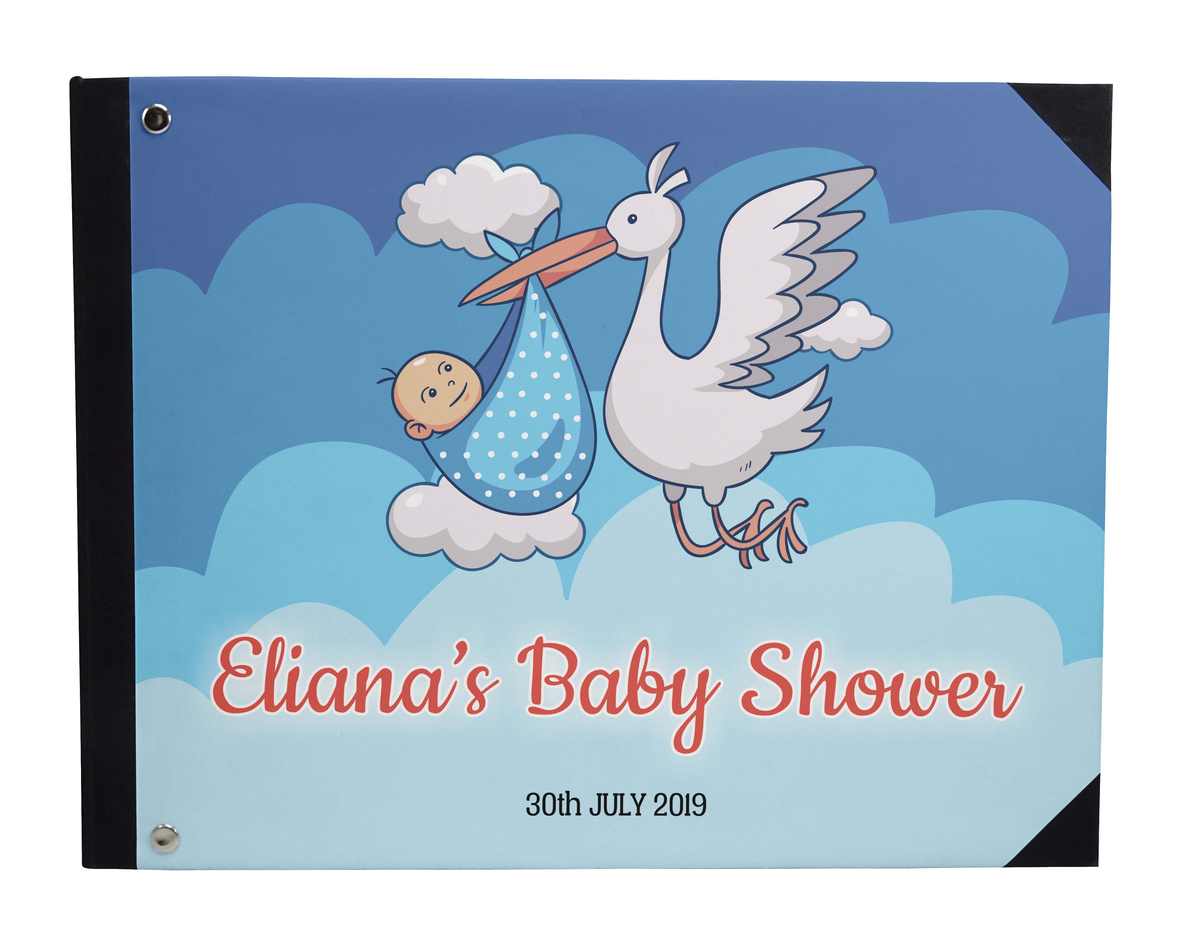 Darling Souvenir Blue Stork & Baby&nbsp; Hardbound Cover Personalized Printed Baby Shower&nbsp;Guestbook&nbsp;Scrap&nbsp;book-9 x 12 Inches
