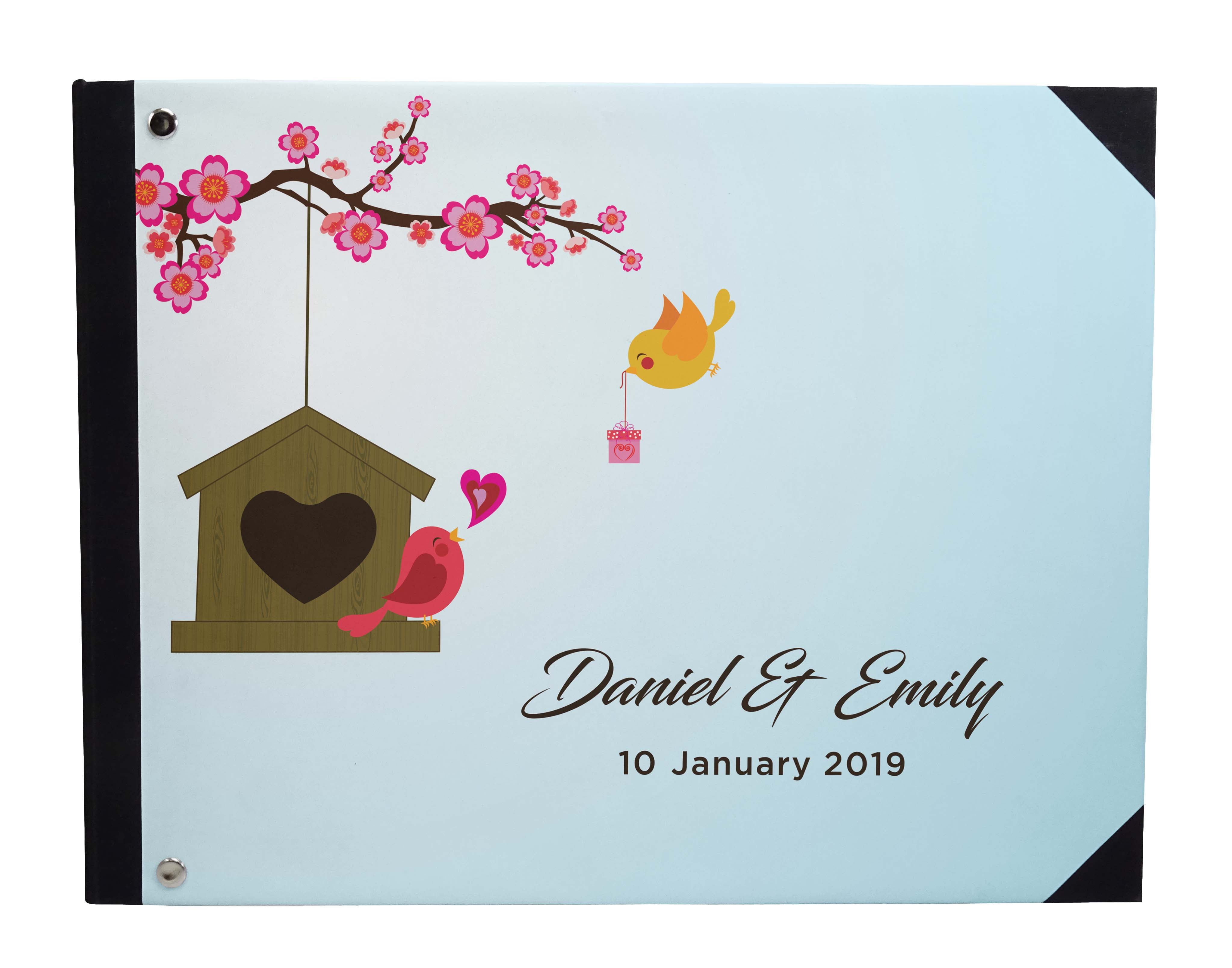Darling Souvenir Blue Tree & Love Birds Cage Printed Wedding Guest Book Hardbound Cover Sign In Book Registry Scrapbook-9 x 12 Inches
