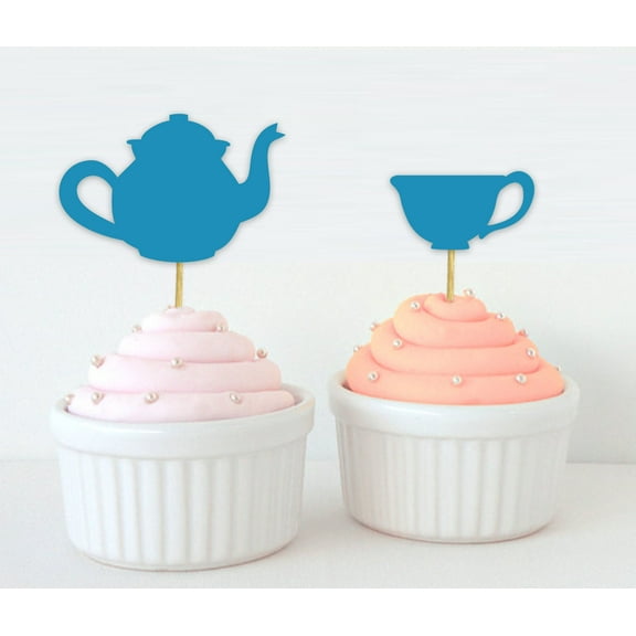 Darling Souvenir, Bridal Shower Tea Party Cupcake Topper, Birthday Dessert Decorations Tea Kettle Cup Cupcake Toppers - Pack Of 20