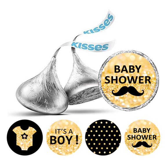 Darling Souvenir 190 Pieces Glitter Gold & Black Baby Shower Favor Stickers - Chocolate Candy Label Wrappers for Newborn Party, Mini Seals & Decor