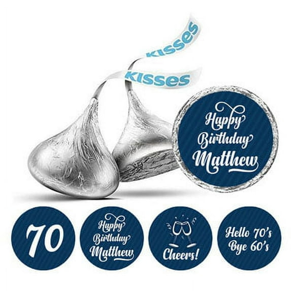 Darling Souvenir Cheers 70th Birthday Custom Name Stickers 190 Pcs Candy Labels Party Favor-Navy Blue