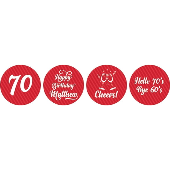 Darling Souvenir Cheers 70th Birthday Custom Name Stickers 190 Pcs Candy Labels Party Favor-Red