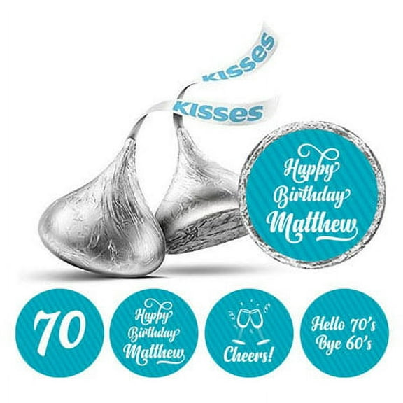 Darling Souvenir Cheers 70th Birthday Custom Name Stickers 190 Pcs Candy Labels Party Favor-Turquoise Blue