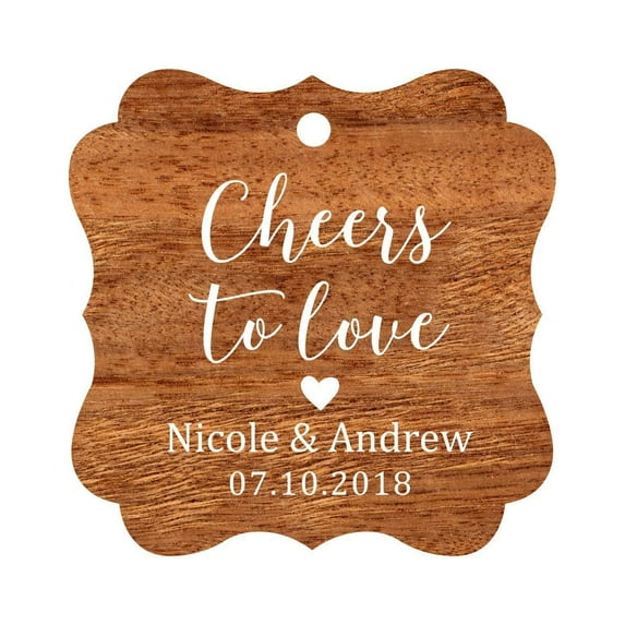 Darling Souvenir Cheers to Love Bottle Tag Personalized Wedding Favor Custom Hang Tags-Rustic Wood-50 Tags