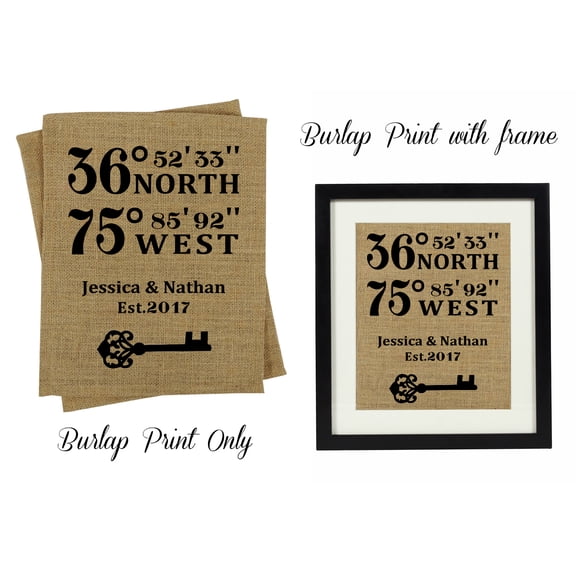 Darling Souvenir Coordinates Address First Home Burlap Print Wall Decor Personalized Housewarming Gift-Burlap Print Only(11 x 14 Inches)