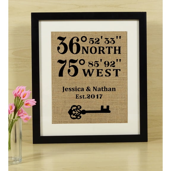 Darling Souvenir Coordinates Address First Home Burlap Print Wall Decor Personalized Housewarming Gift-Burlap Print with Frame(8 x 10 Inches)