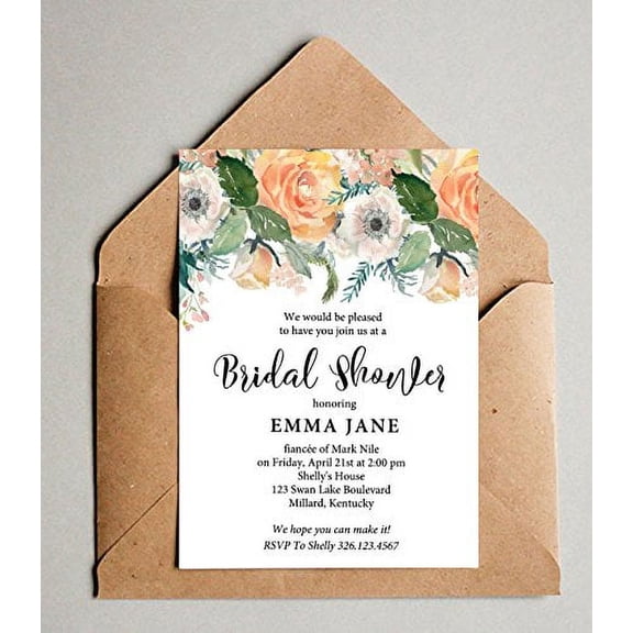 Darling Souvenir Custom Floral Printed Bridal Shower Invitations, Set of 10 Personalized Invites With Envelopes 5 x 7