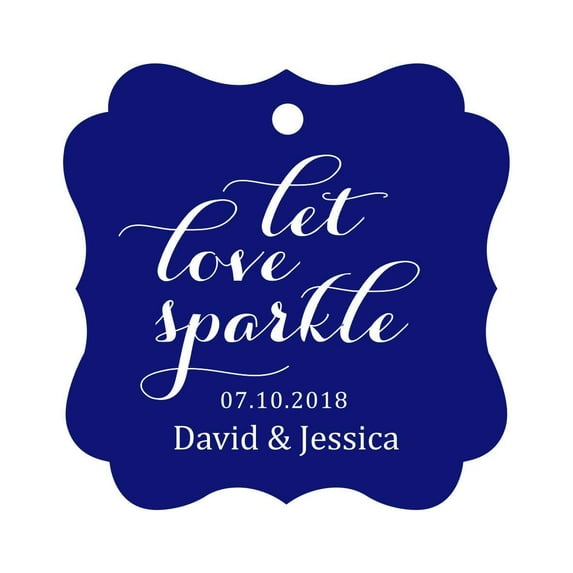 Darling Souvenir Custom Let Love Sparkle Wedding Hang Tags Personalized Fancy Frame Paper Tags -Blue-100 Tags