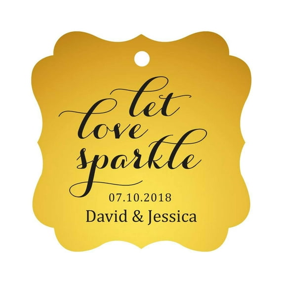 Darling Souvenir Custom Let Love Sparkle Wedding Hang Tags Personalized Fancy Frame Paper Tags -Metallic Gold-100 Tags