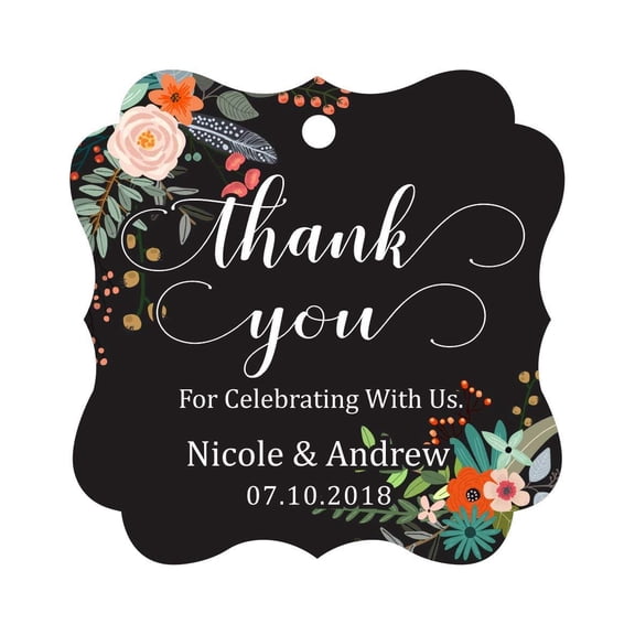 Darling Souvenir Custom Names Thank You For Celebrating With Us Wedding Hang Tags Personalized Party Tags-Floral Black-50 Tags