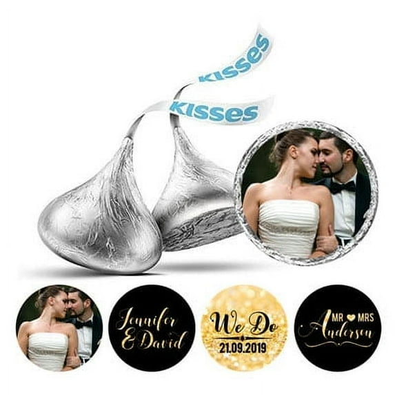 Darling Souvenir Custom Photo Wedding Stickers Candy Chocolate Labels 190 Pcs-Black & Glitter Gold