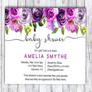 Darling Souvenir Custom Purple Floral Printed Baby Shower Invitations Girl/ Boy, 10 Personalized Invites With Envelopes 5 x 7