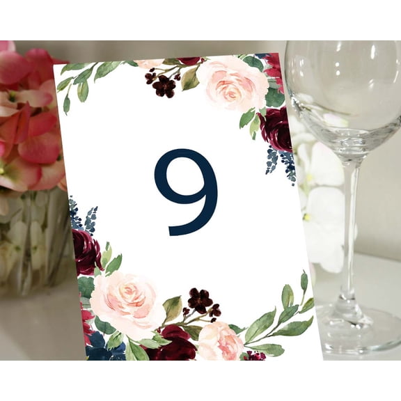 Darling Souvenir Double Sided Print Floral Table Numbers Wedding Reception Calligraphy Table Place Cards-5" x 7" (1 to 12)
