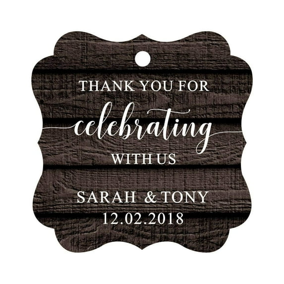 Darling Souvenir Fancy Frame Custom Paper Tags Thank You For Celebrating With Us Wedding Favor Gift Hang Tags-Dark Wood-100 Tags