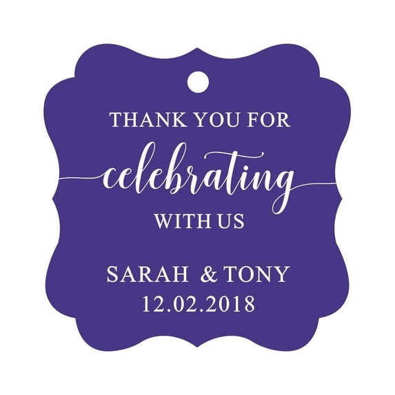 Darling Souvenir Fancy Frame Custom Paper Tags Thank You For Celebrating With Us Wedding Favor Gift Hang Tags-Purple Violet-50 Tags