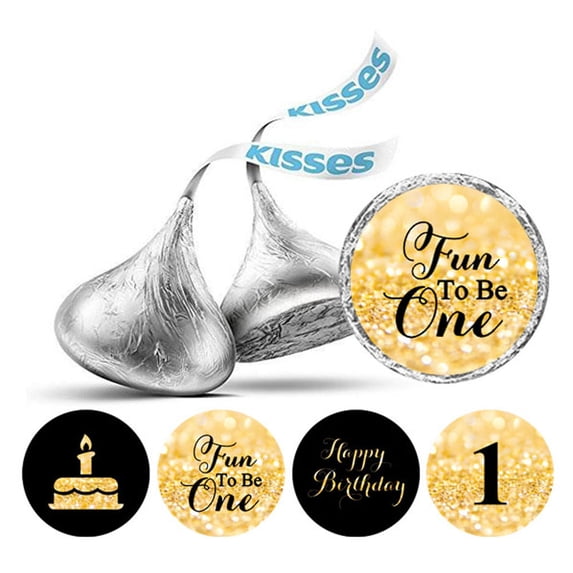 Darling Souvenir Fun to Be One Birthday Theme Stickers Labels 190 Pcs Party Favor-Glitter Gold & Black